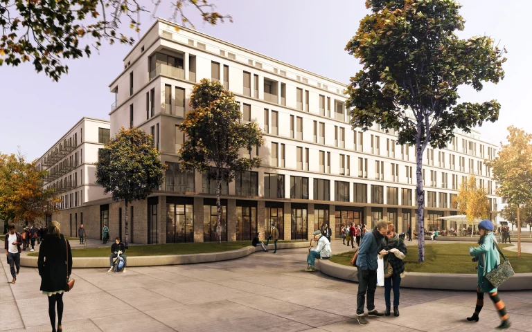 Wettbewerb Allbau Quartier Essen Ansicht Büro- und Geschäftshaus vom Holsterhauser Platz mit Ladenlokalen, Vollsortimenter und Appartements für Mitarbeiter des Universitätsklinikums.