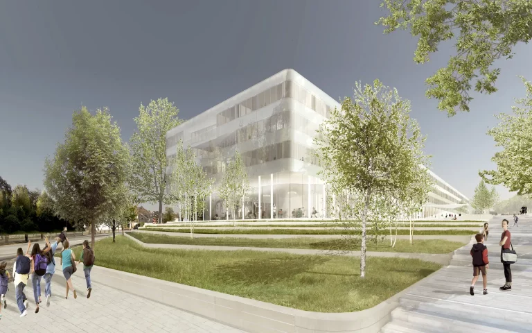 Neubau Schulzentrum Bochum Gerthe Perspektive des Entwurfs von der Straße mit Glas-Fassade, Mensa, Haupteingang, Grünzug, freistehenden Betonstützen.