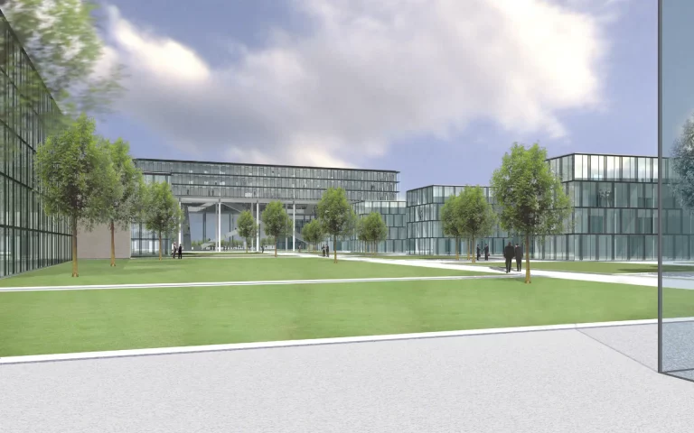 Wettbewerb Thyssen Krupp Quartier Essen Entwurf Perspektive mit operativen und Segmentführungsgesellschaften sowie Hauptverwaltung.
