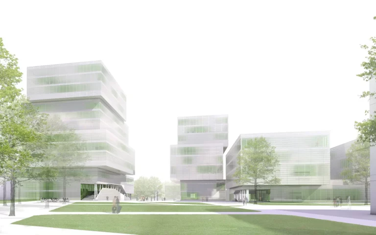Wettbewerb Neubau Bibliothek und Seminarverwaltungsgebäude der Universität Duisburg Essen Perspektive Entwurf aus gestapelten Boxen von der Stadt aus gesehen.