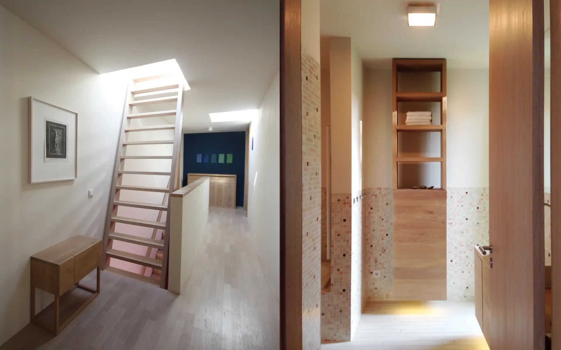Neubau Haus R in Velbert-Langenberg Flur im Obergeschoss mit Leitertreppe, versetzten Oberlichtern sowie Kommoden und Badezimmerschränken aus weiß geölter Eiche.