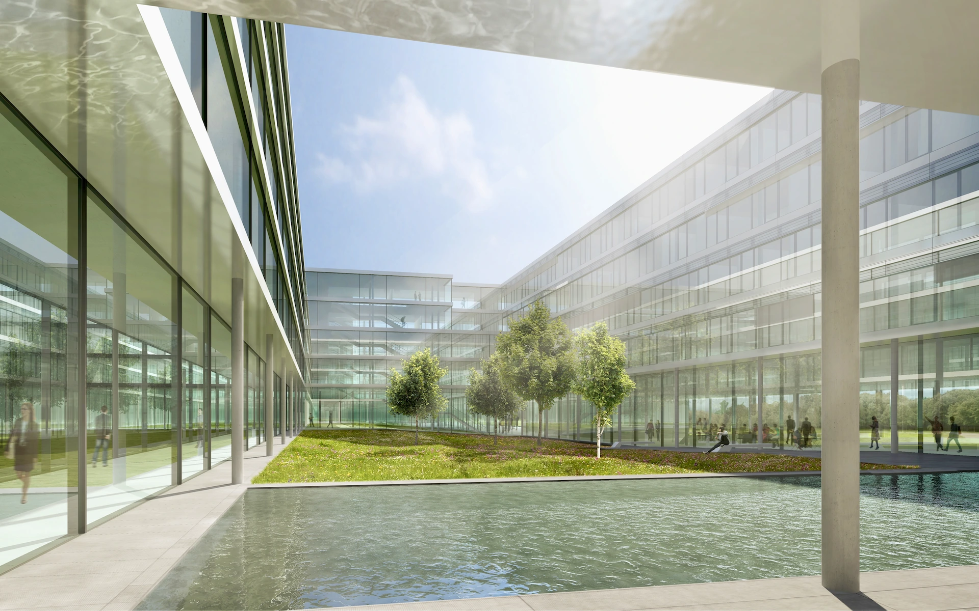 Wettbewerb Adidas Herzogenaurach World of Sports Ansicht Entwurf „Decks“ mit grove walk, decentralised hubs und reflecting pool.