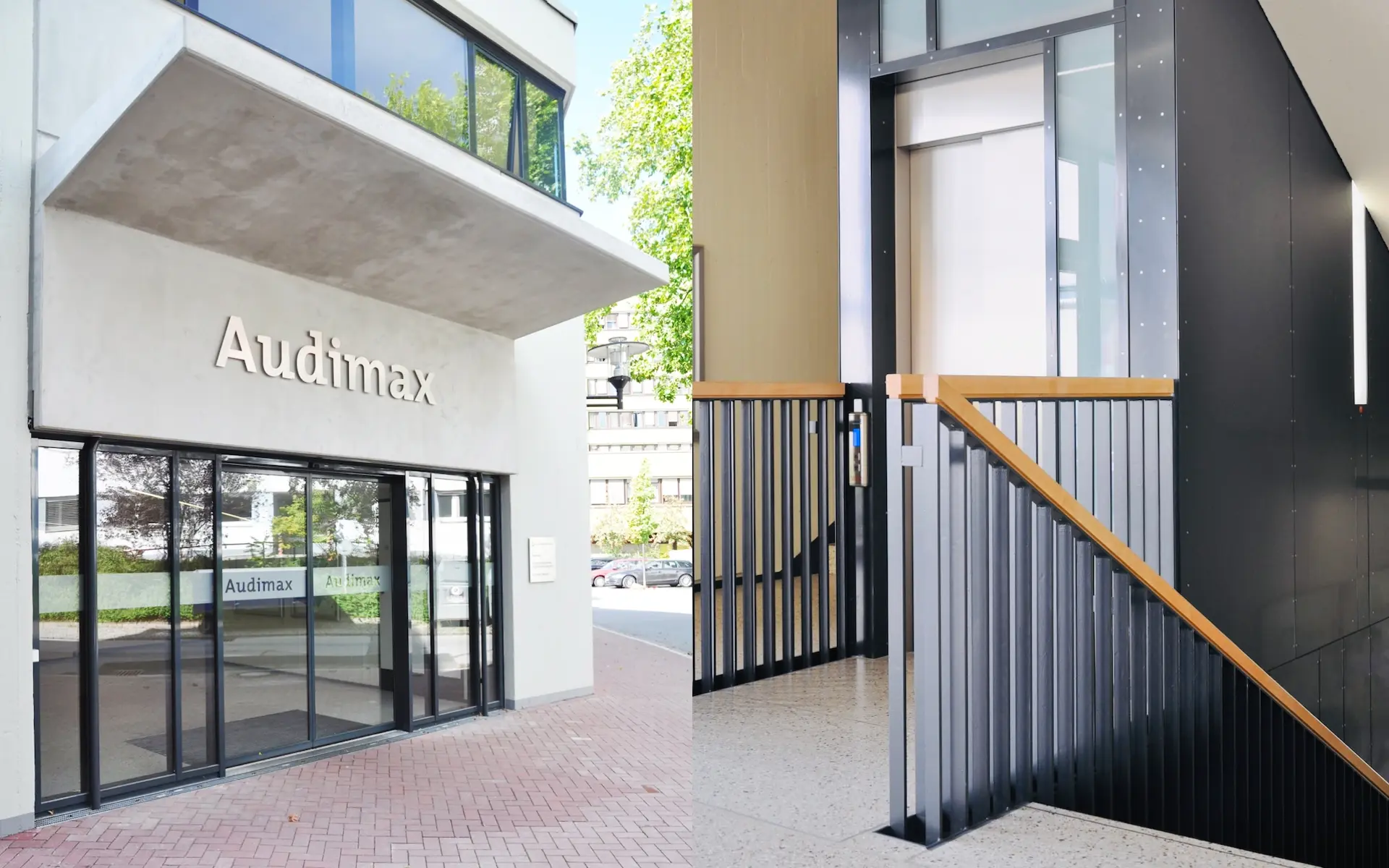 Umbau der Erschließung des Audimax und der Fachbibliothek Medizin des Universitätsklinikums Essen Details des Haupteingangs zum Audimax mit Sichtbetonvordach und Detail des Aufzugsturms mit Blechbekleidung.