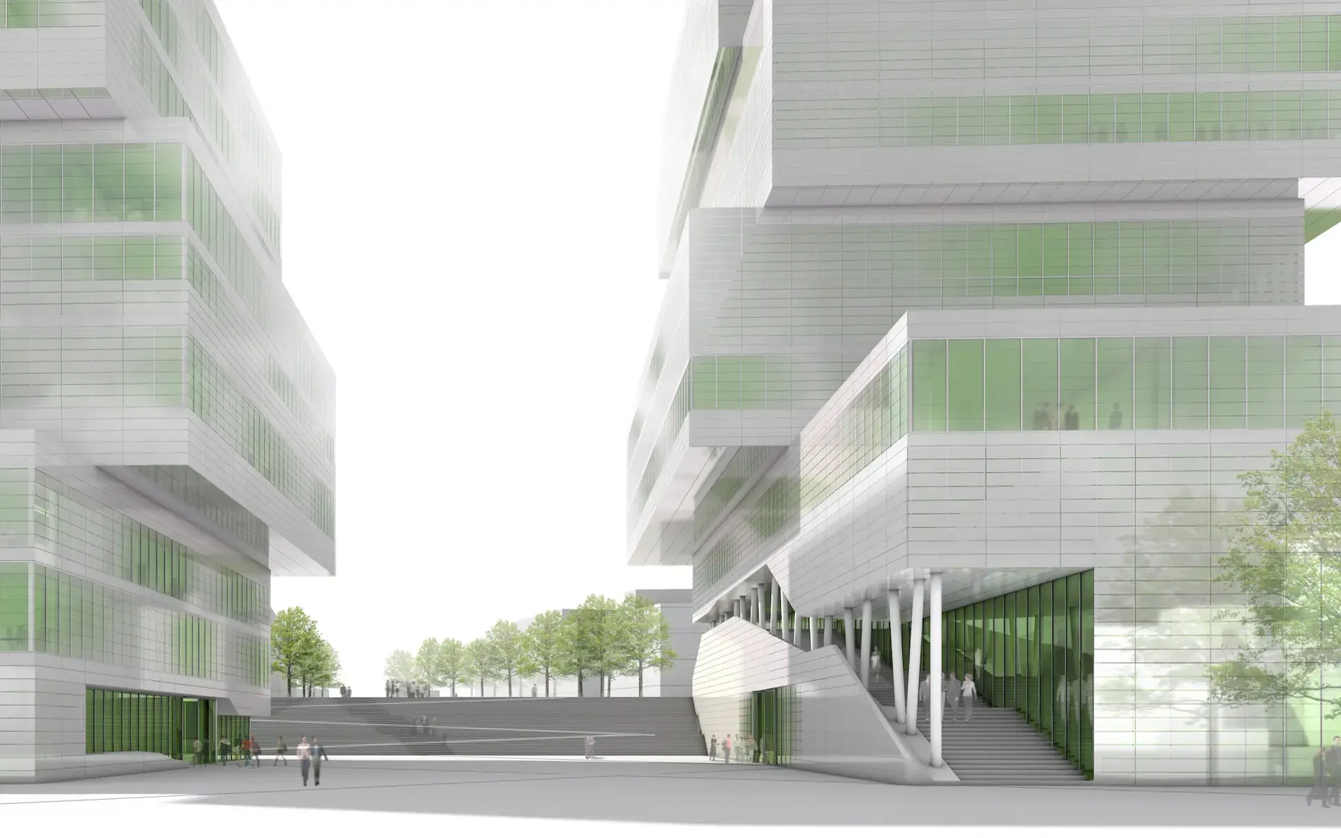 Wettbewerb Neubau Bibliothek und Seminarverwaltungsgebäude der Universität Duisburg Essen, Perspektive von Bibliothek und Seminarverwaltungsgebäude mit Haupteingängen.