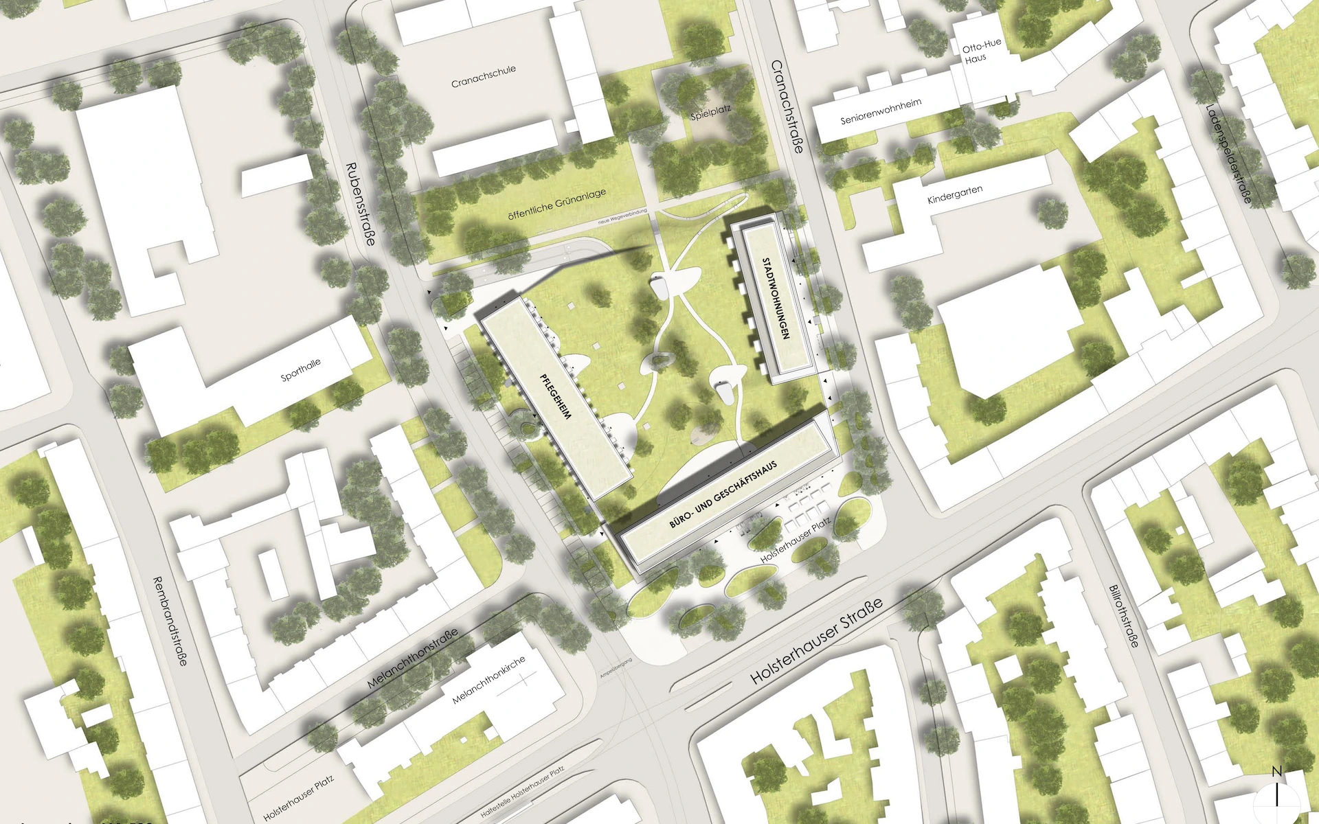 Wettbewerb Allbau Quartier Essen Lageplan Büro- und Geschäftshaus Holsterhauser Platz, Stadtwohnungen Cranachstraße und Pflegeheim Rubensstraße.