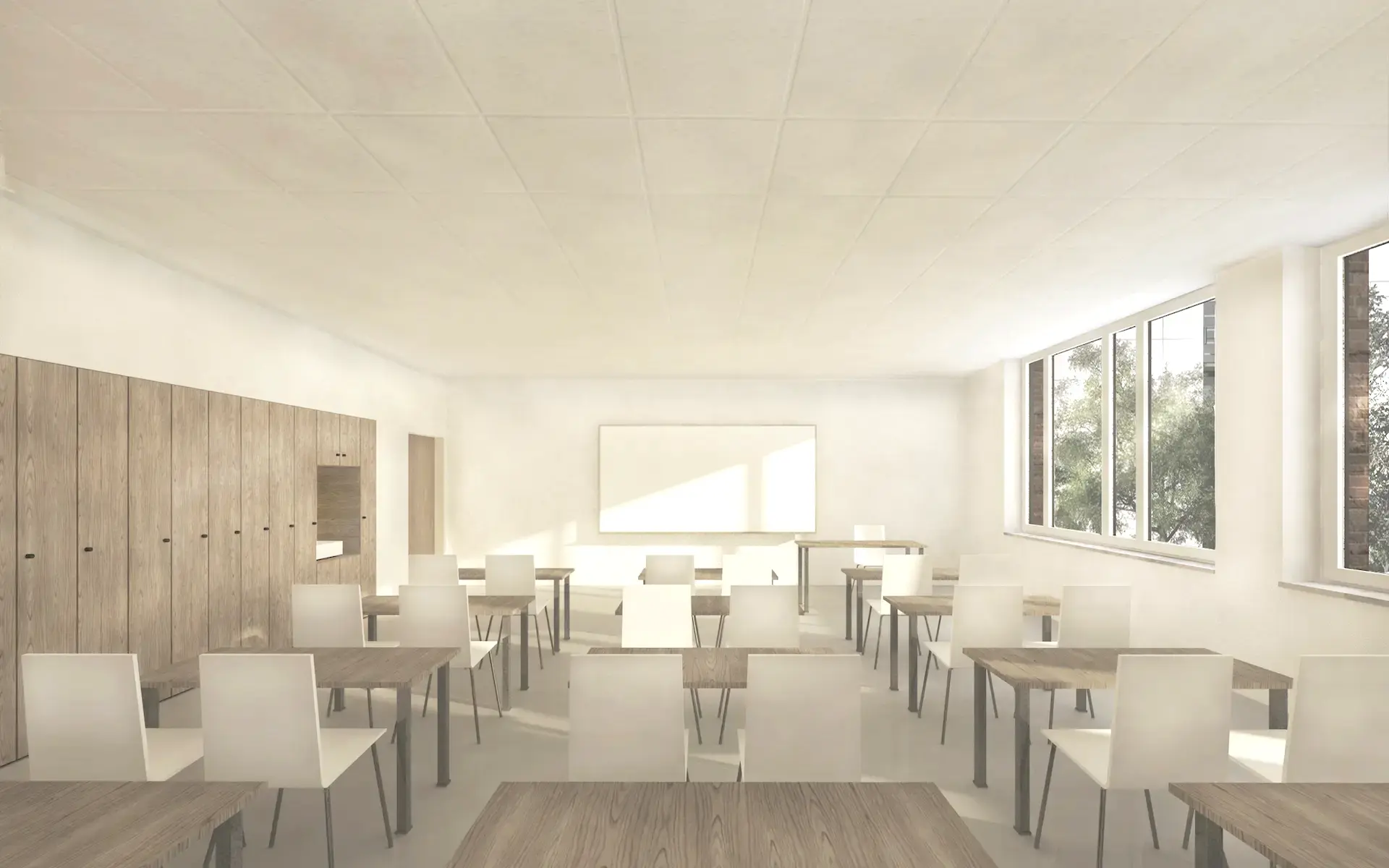 Erweiterung und Sanierung Hövelschule Essen Perspektive Innenraum mit Klassenzimmer, Parkett, Holzeinbauten, Aluminiumfenstern und Einbauschränken.