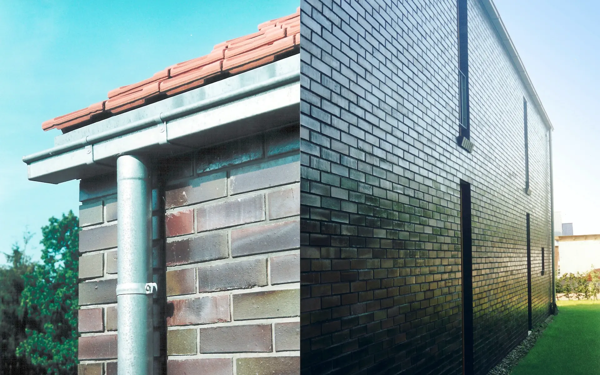 Neubau Haus A in Edewecht Detail Dachrinne und Fallrohr sowie Ansicht von der Straße mit Wittmunder-Klinker-Fassade.