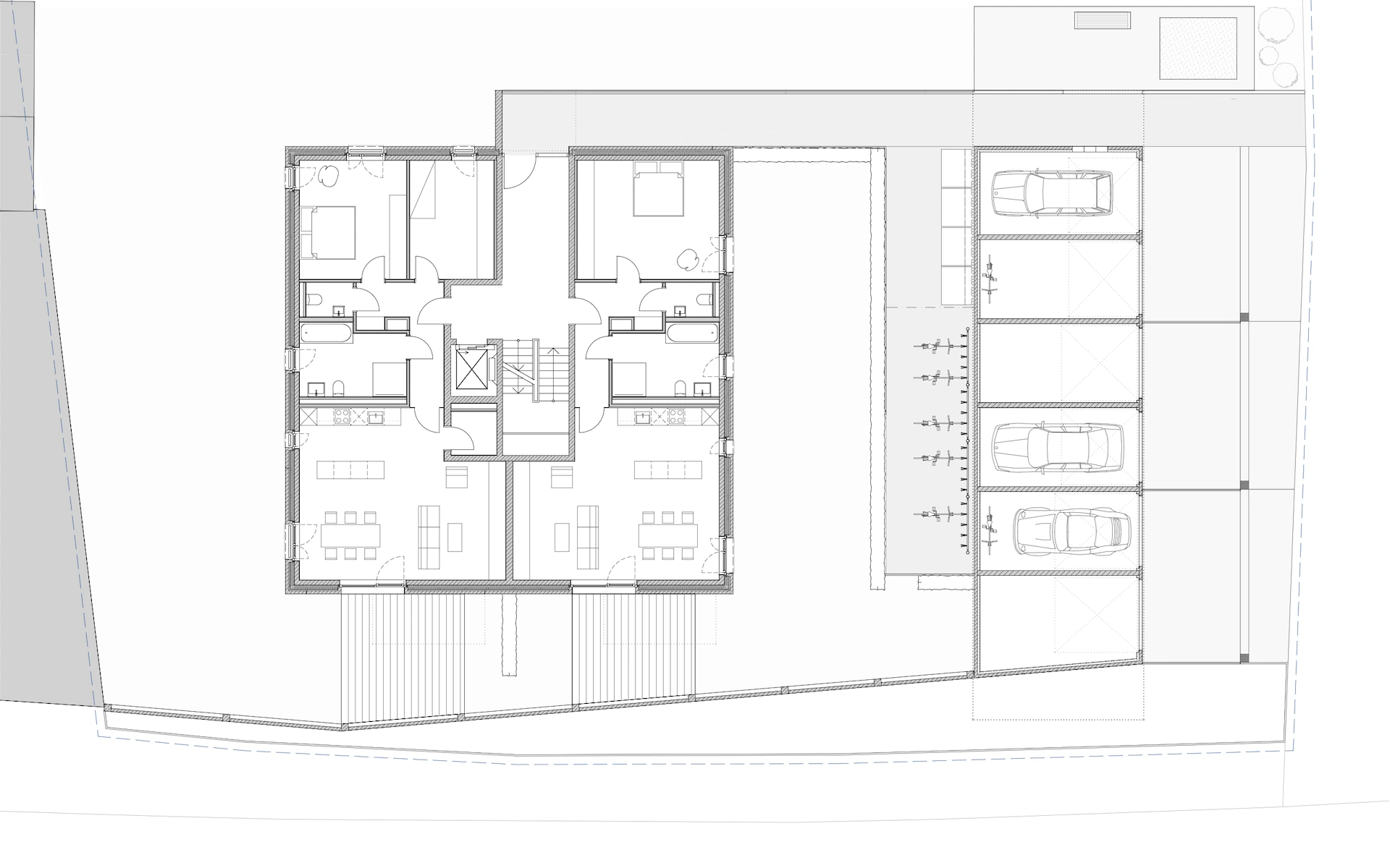 Neubau Mehrfamilienhaus in Ratingen Grundriss des Erdgeschosses mit barrierefreier Erschließung, Garagen und Außenanlagen.