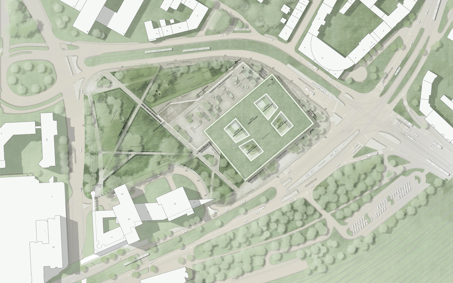 Lageplan der Frida-Levy-Gesamtschule am Stadtring und entstehender Park mit einer neuen Wegeverbindung.