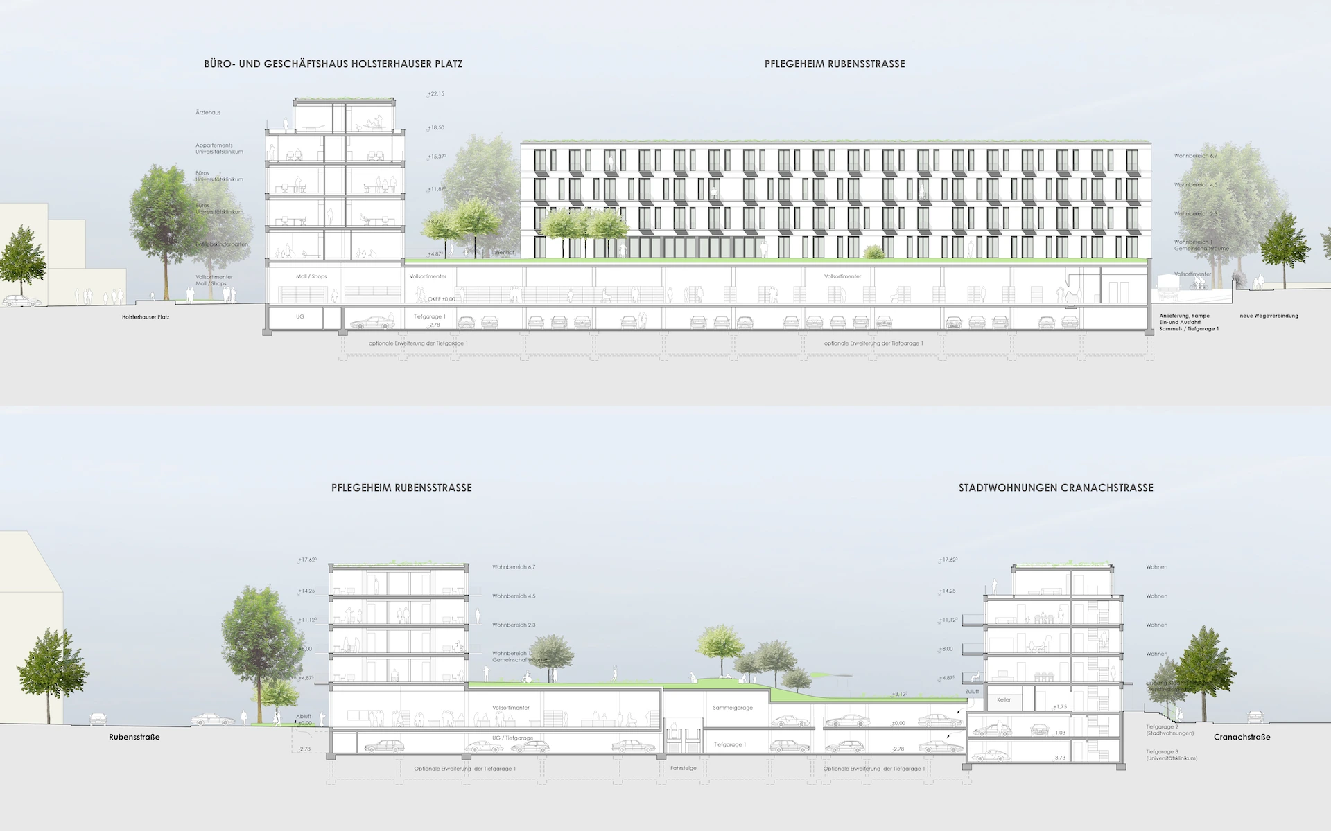 Wettbewerb Allbau Quartier Essen Schnitte Büro- und Geschäftshaus Holsterhauser Platz, Stadtwohnungen Cranachstraße sowie Ansicht Pflegeheim Rubensstraße.