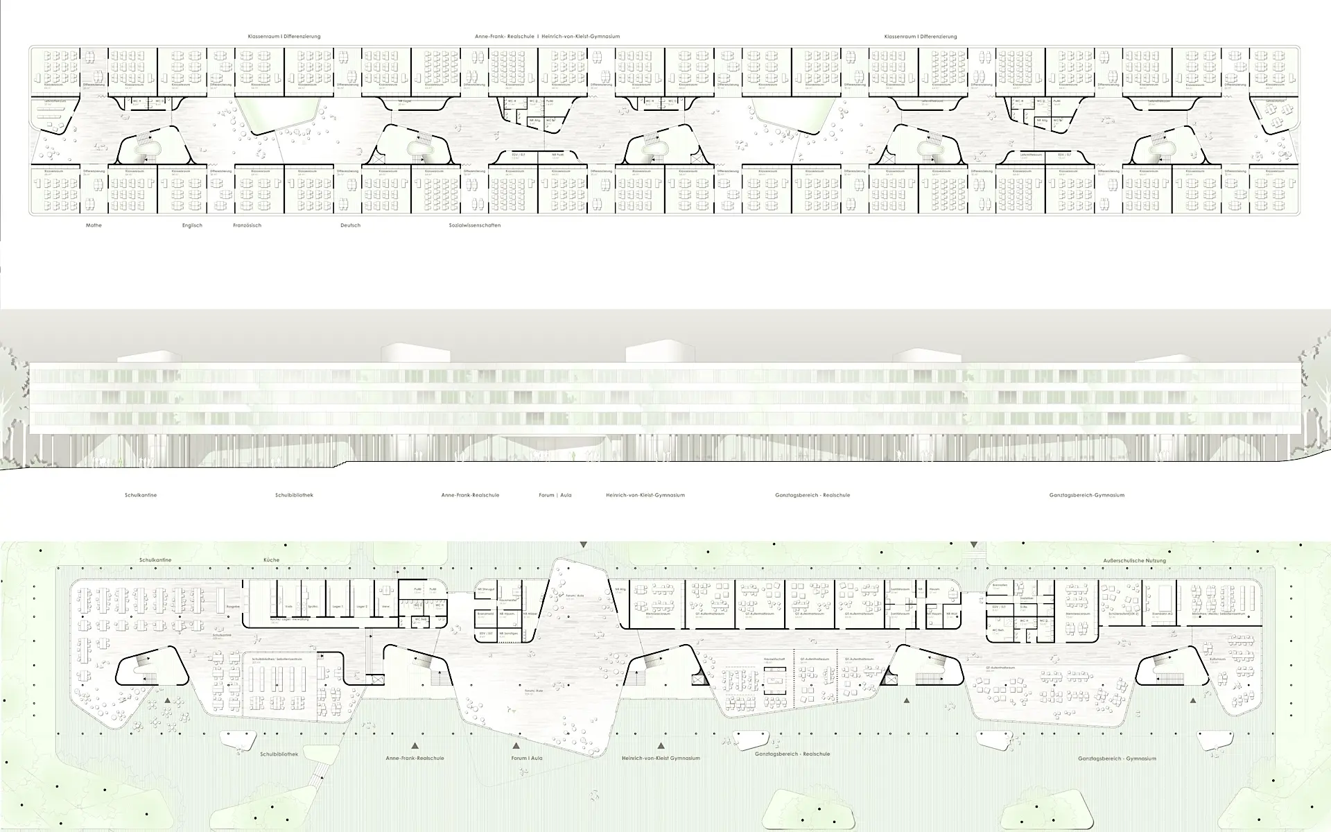 Neubau Schulzentrum Bochum Gerthe Grundriss Erdgeschoss, Obergeschoss und Ansicht.