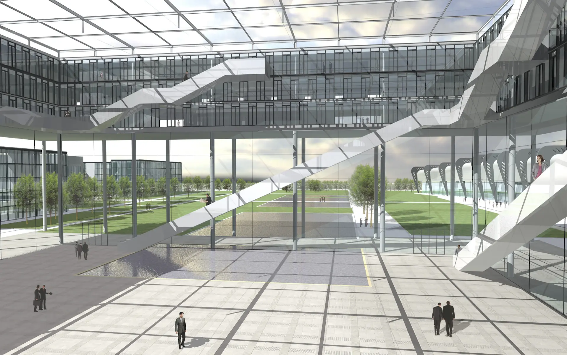 Wettbewerb Thyssen Krupp Quartier Essen Entwurf Perspektive mit Innenraumaufnahme vom Plaza mit Büros, Rolltreppen, Glasdach, Bassin, Panoramablick.