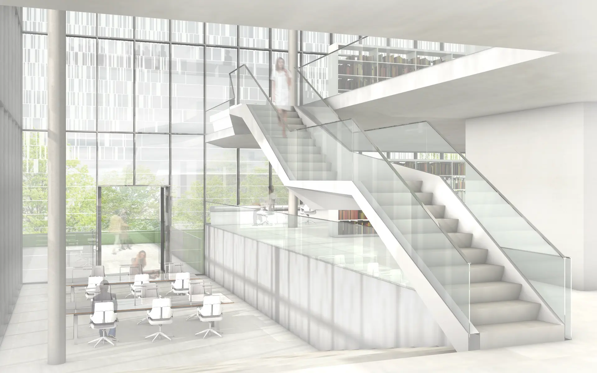 Wettbewerb Neubau Bibliothek und Seminarverwaltungsgebäude der Universität Duisburg Essen Innenraumperspektive mit Darstellung von Dachgärten, Studierinseln, Galerien und Bücherregalen.