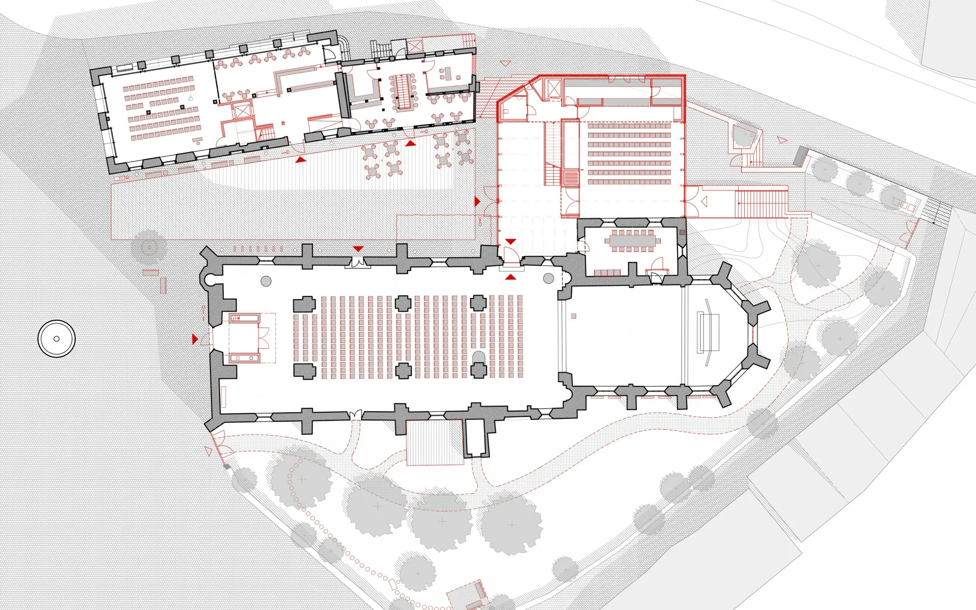 Neubau Gemeindezentrum St. Viktor Grundriss des Ensembles mit alter Rathaus-Schänke, Umbau Kirche, Neubau Gemeindezentrum, Kirchplatz und Kirchgarten.