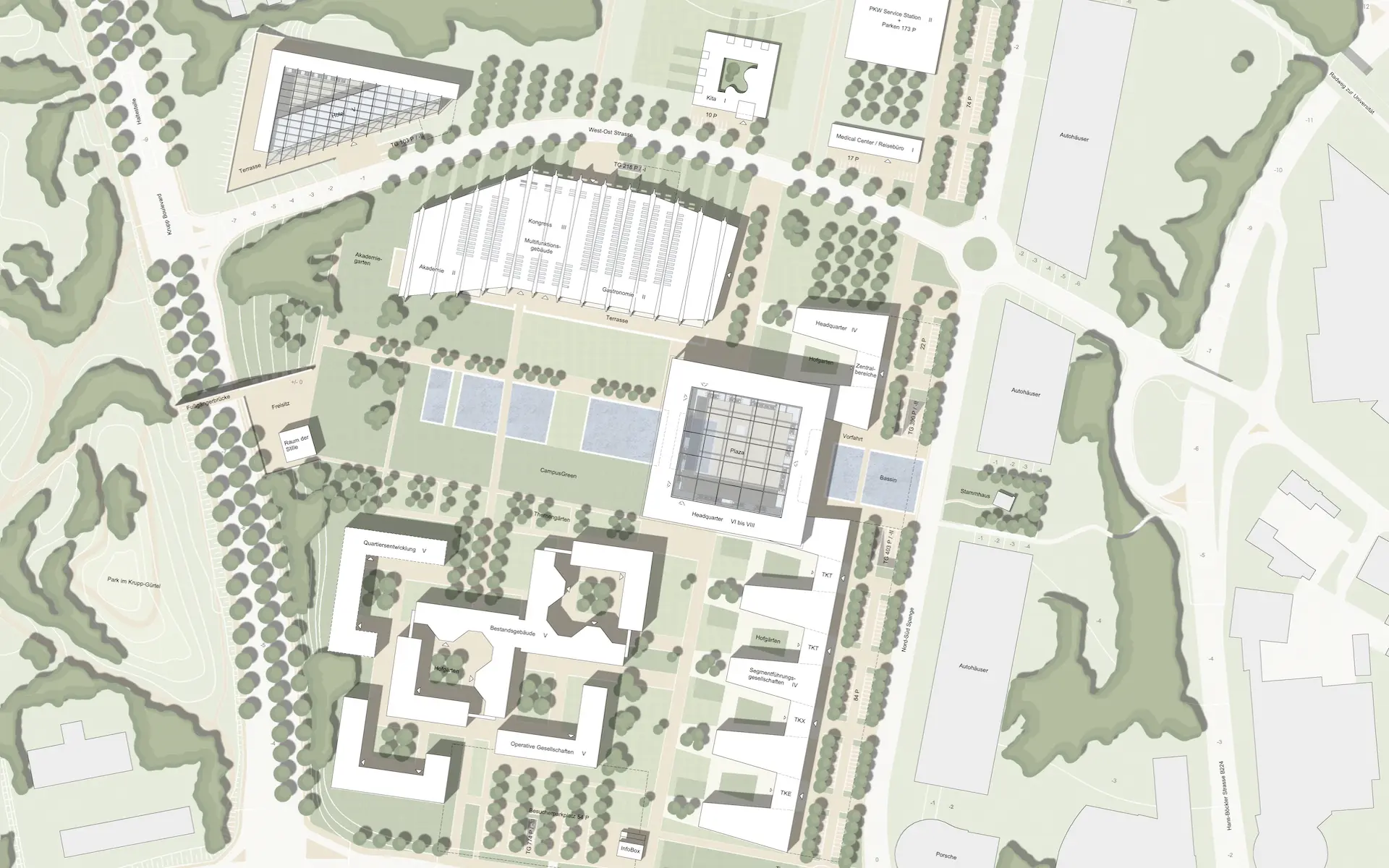 Wettbewerb Thyssen Krupp Quartier Essen Entwurf Lageplan mit Darstellung von zentraler Plaza, Mulifunktionsgebäude, Gesellschaften, Kita, Medical Center sowie Bestandsgebäuden und Außenanlagen.
