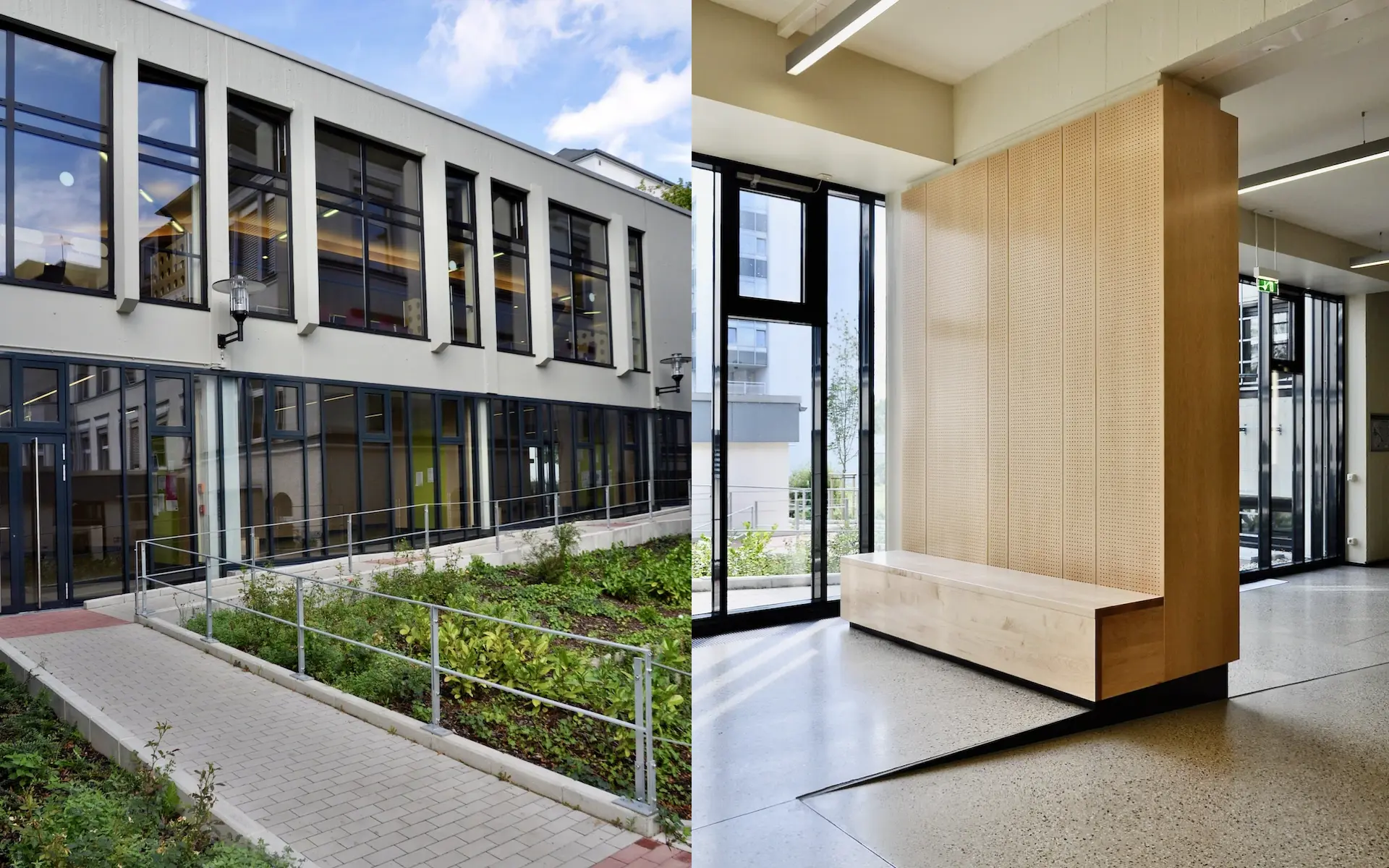 Umbau der Erschließung des Audimax und der Fachbibliothek Medizin des Universitätsklinikums Essen begleitende Rampenanlage mit Staudenbeeten und Detail einer Info-Loungemit Sitzbank und Akustik-Holzvertäfelung.