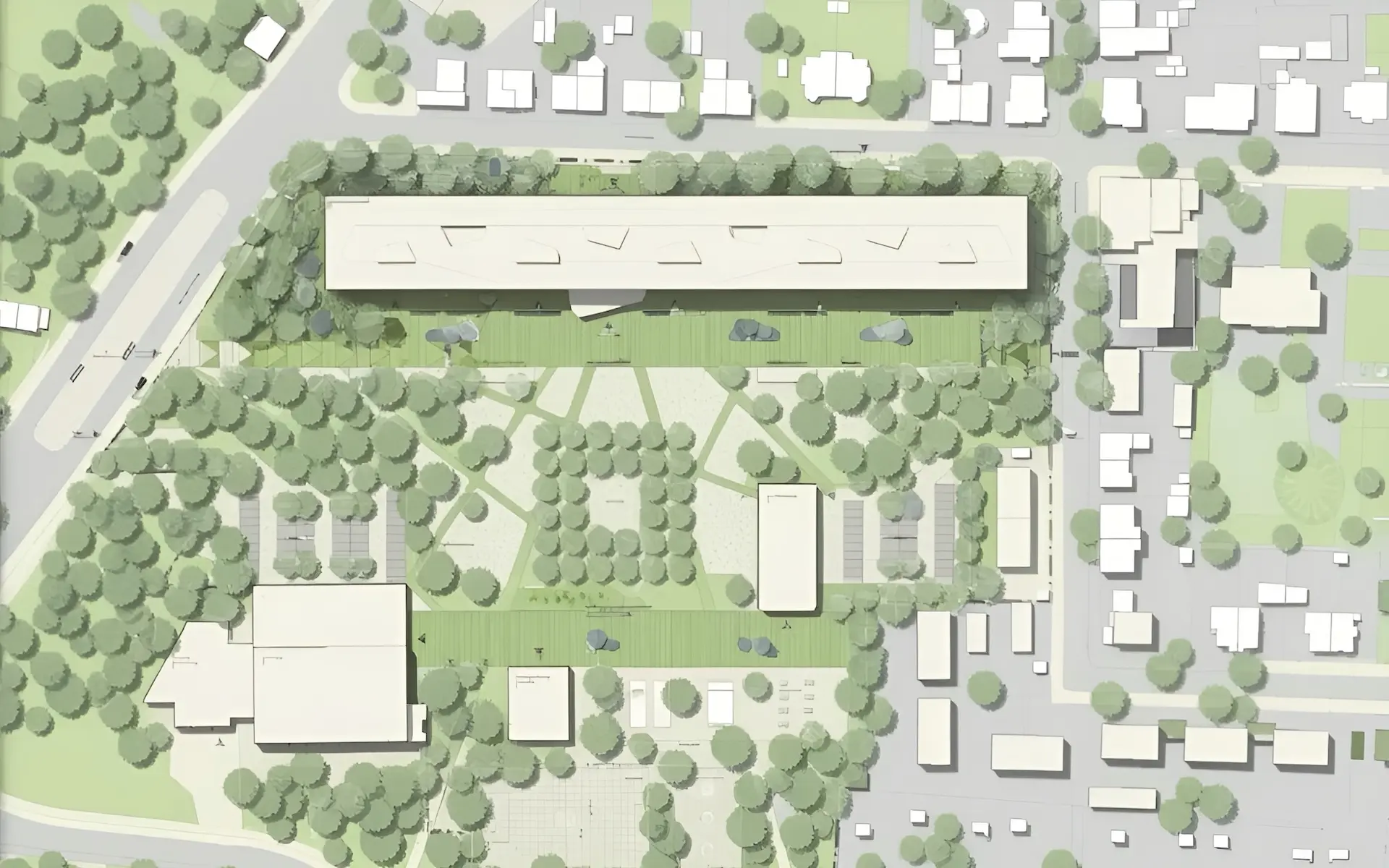 Neubau Schulzentrum Bochum Gerthe Lageplan mit Dachlandschaft, Campusgarten, Schulhof, Bestandsbebauung, Baumgruppen und Städtebau.