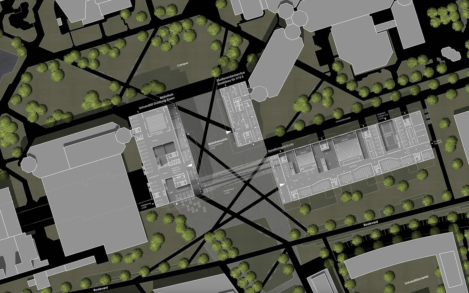 Wettbewerb Neubau Bibliothek und Seminarverwaltungsgebäude der Universität Duisburg Essen Lageplan mit Bibliotheksplatz, Boulevard, Campus, Rotationsgebäude, Bibliothek und Studierendenservice.