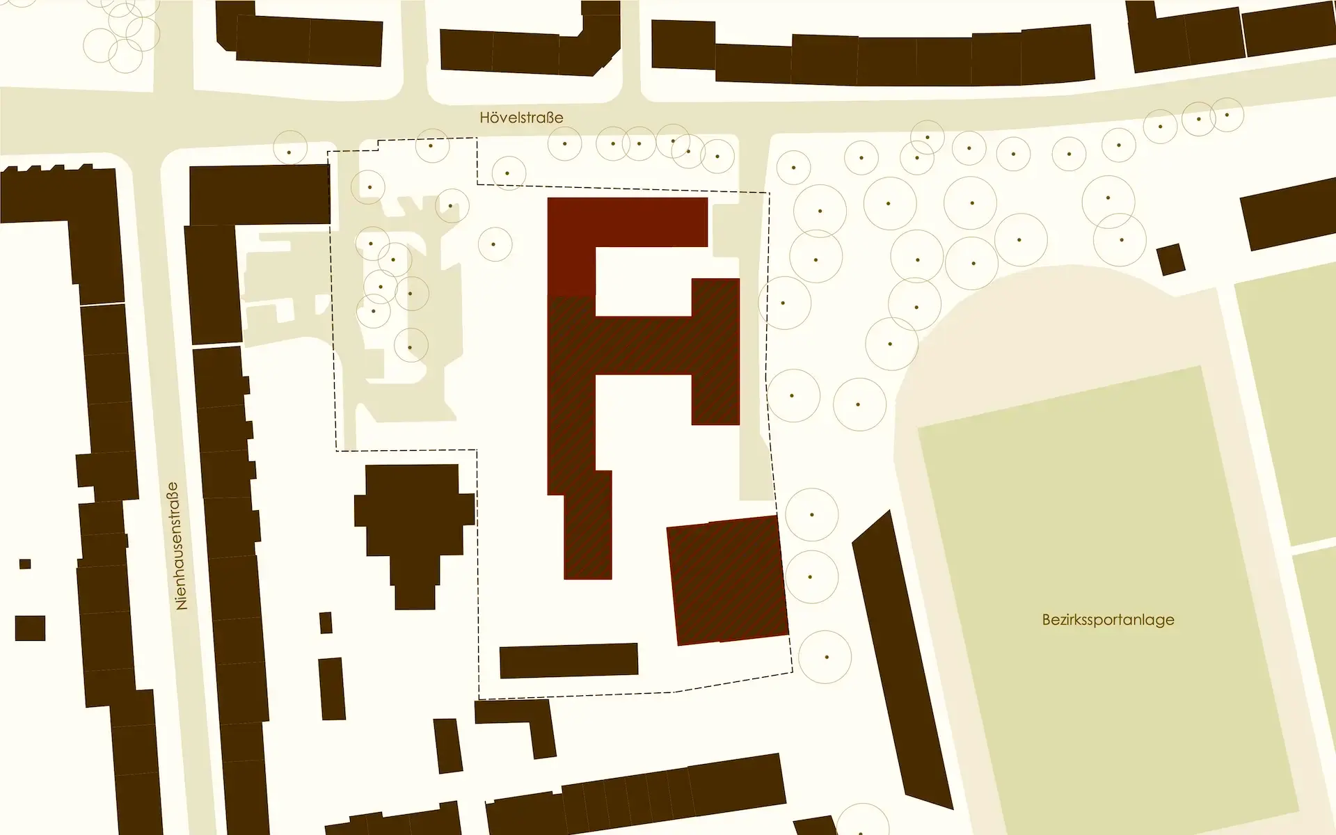 Erweiterung und Sanierung Hövelschule Essen Schwarzplan mit Darstellung des Städtebaus, der Schulhöfe, des Neubaus der Erweiterung, des Bestandsumbaus und der Turnhalle.