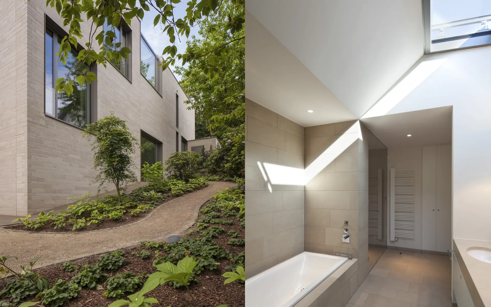 Neubau Einfamilienhaus S in Essen Außenaufnahme des Gartenwegs und freier Komposition der Fenster in Natursteinfassade, sowie Badezimmer mit Oberlicht und Natursteinwand- und -bodenfliesen.