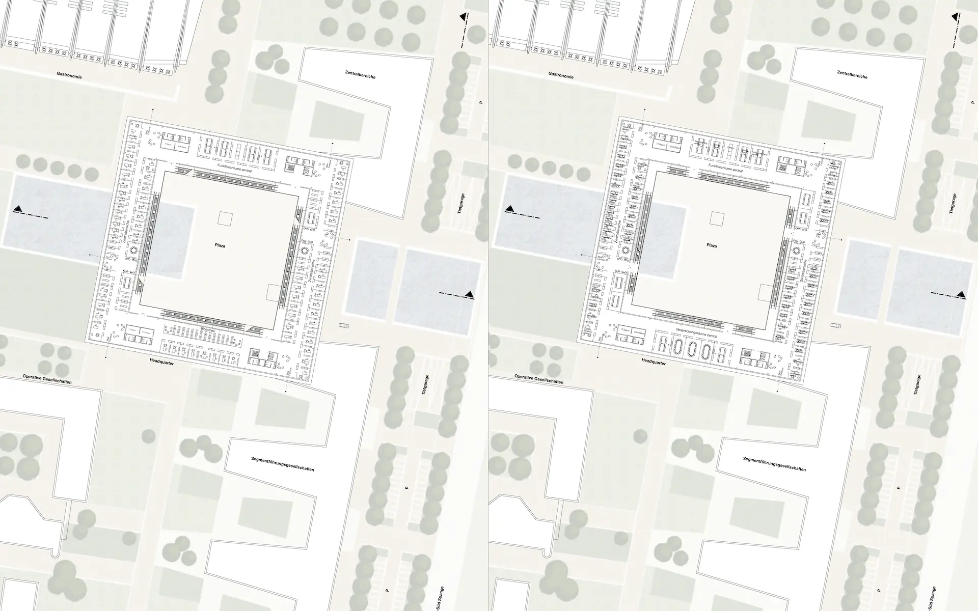 Wettbewerb Thyssen Krupp Quartier Essen Entwurf Grundriss der Hauptverwaltung mit Plaza, Büros, Treppenkernen und Außenanlagen.