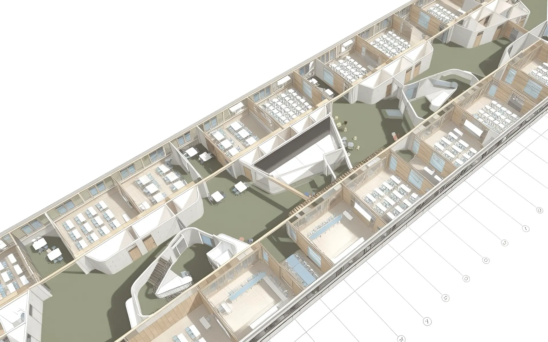 Neubau Schulzentrum Bochum Gerthe Isometrie mit Darstellung eines Regelgeschosses mit Schulcluster, Treppenkernen, Ausbau, Fassadenbrüstungen, Schulmöblierung.