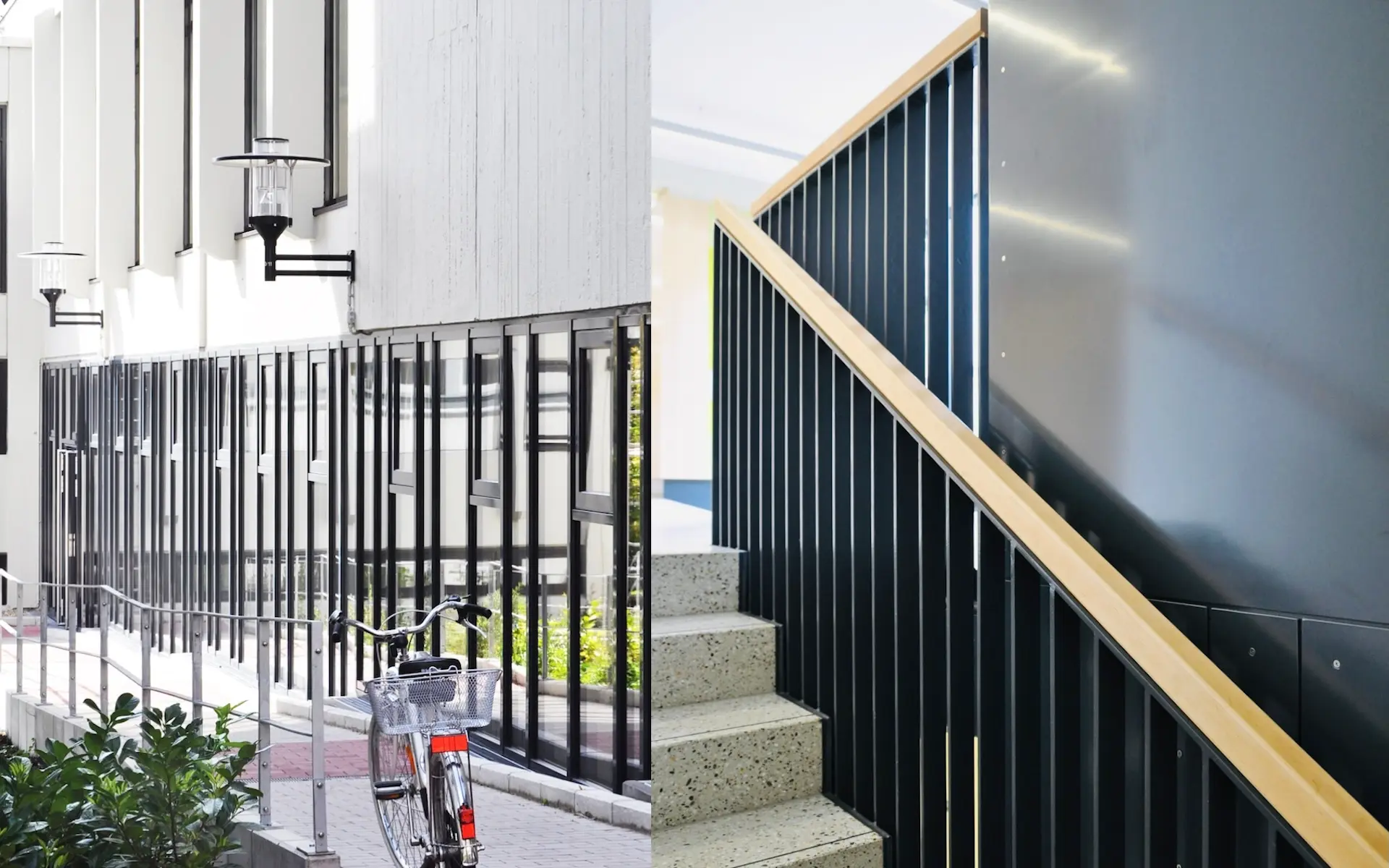 Umbau der Erschließung des Audimax und der Fachbibliothek Medizin des Universitätsklinikums Essen begleitende Rampenanlage und neue Fassadenelemente sowie Detail der Treppe und des Aufzugsturms.