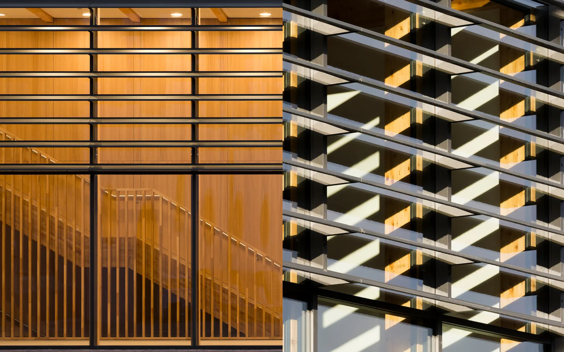 Neubau Gemeindezentrum St. Viktor Details Sonnenschutz aus Glas-Sheets vor raumhoher Verglasung des Holztragwerks mit Blick in das Foyer.