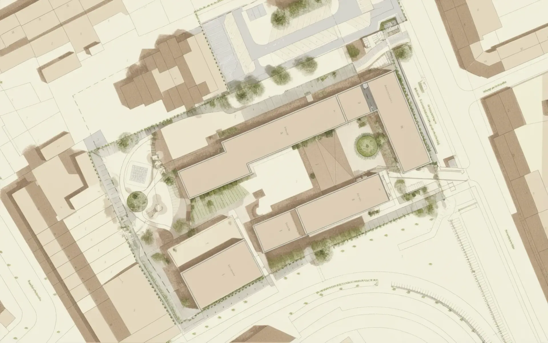 Erweiterung und Sanierung Hövelschule Essen Lageplan mit Darstellung der Außenanlagen, der Turnhalle, der Schulflügel, des Spielplatzes, der Nachbarbebauung und der Erschließung.