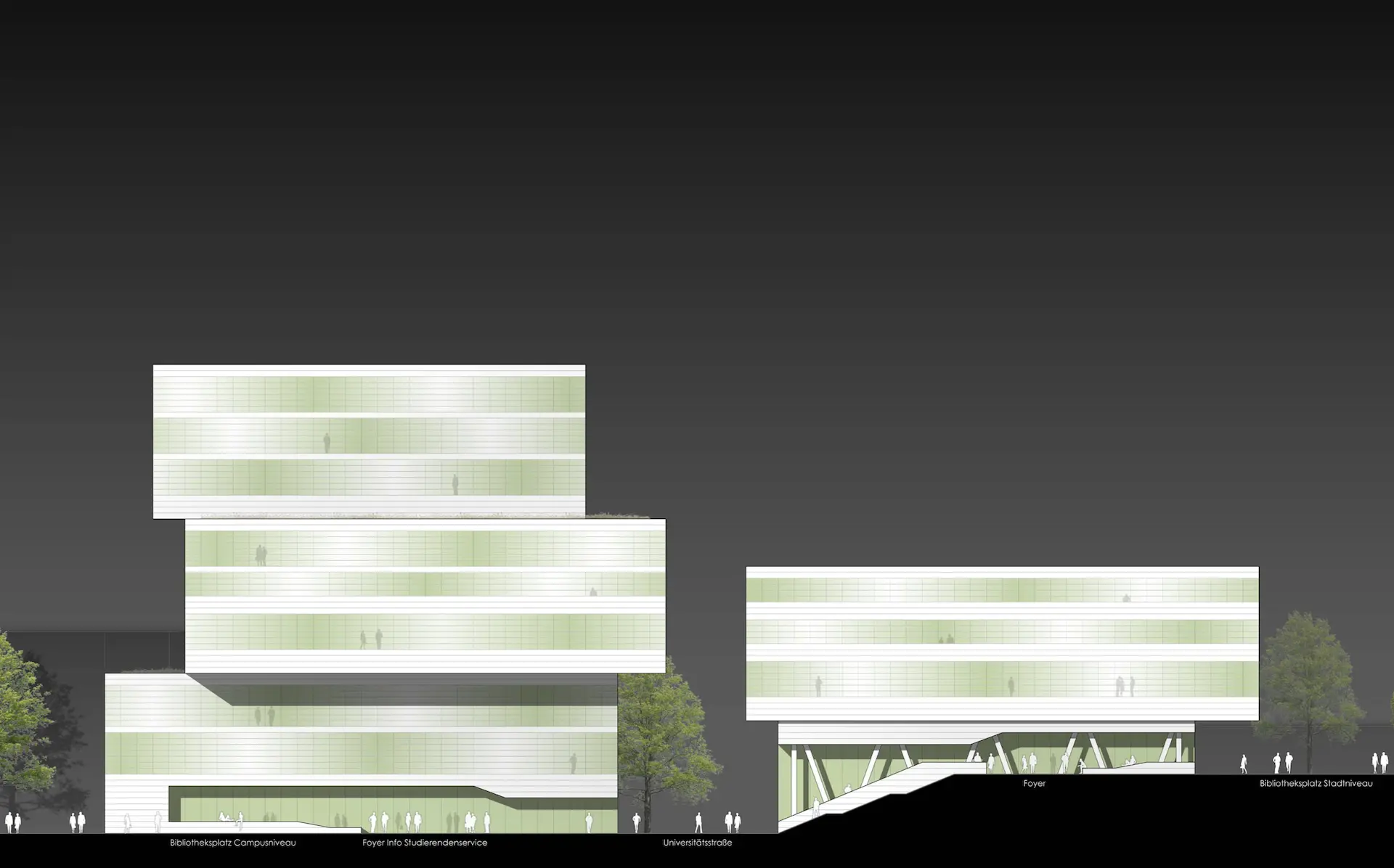 Wettbewerb Neubau Bibliothek und Seminarverwaltungsgebäude der Universität Duisburg Essen Ansichten und Geländeschnitt mit Treppen und Rampen.