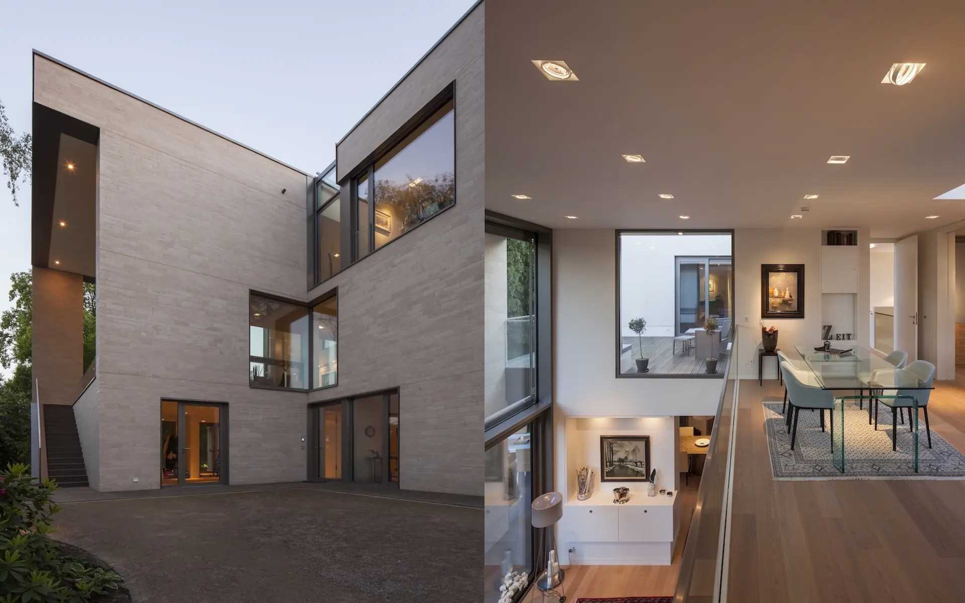 Neubau Einfamilienhaus S in Essen hofseitige Innenecke der Natursteinfassade mit Außentreppe und großformatigen Fenstern sowie Galerie im Obergeschoss mit gläserner Brüstung.