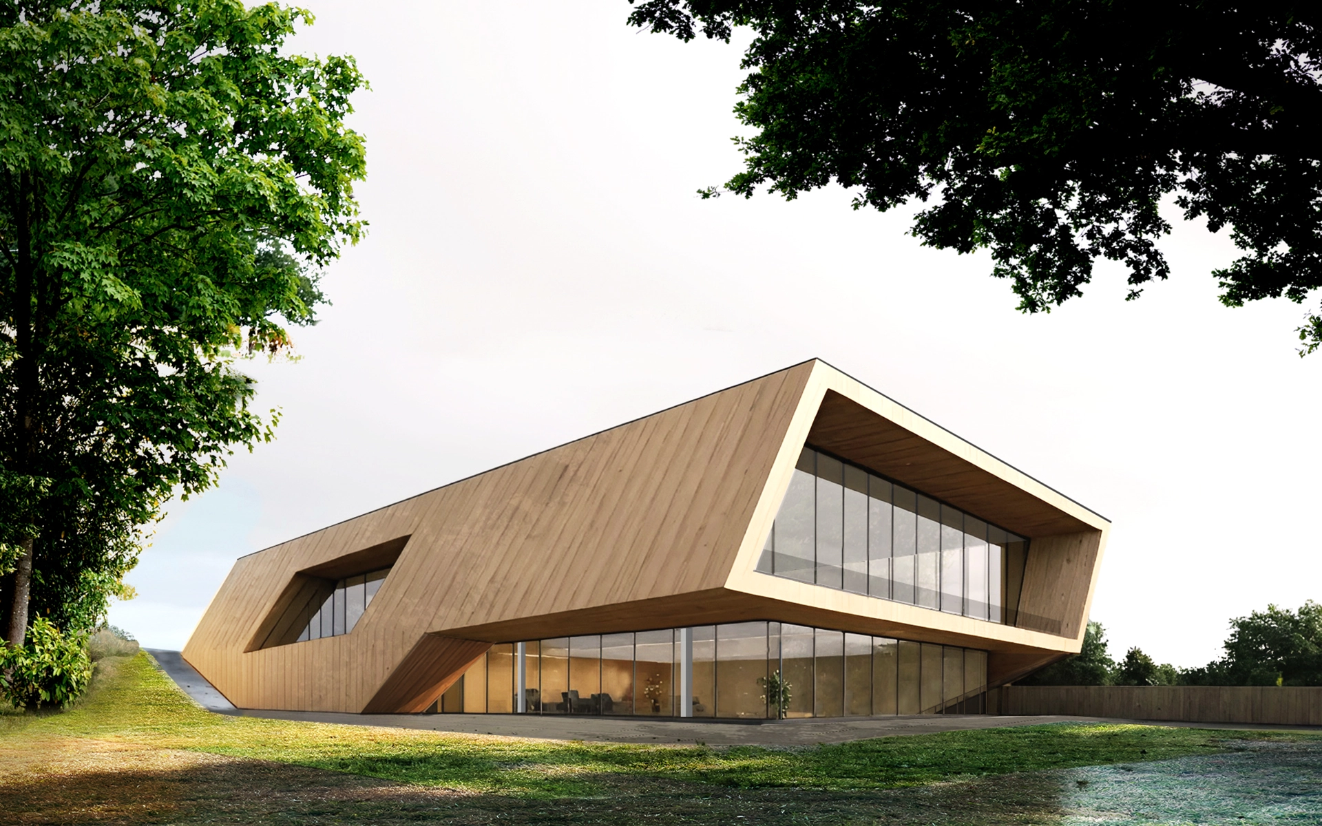 Neubau Altana Headquarter in Wesel Ansicht von Südosten mit baukörperhohem Haupteingang in der Dämmerung.